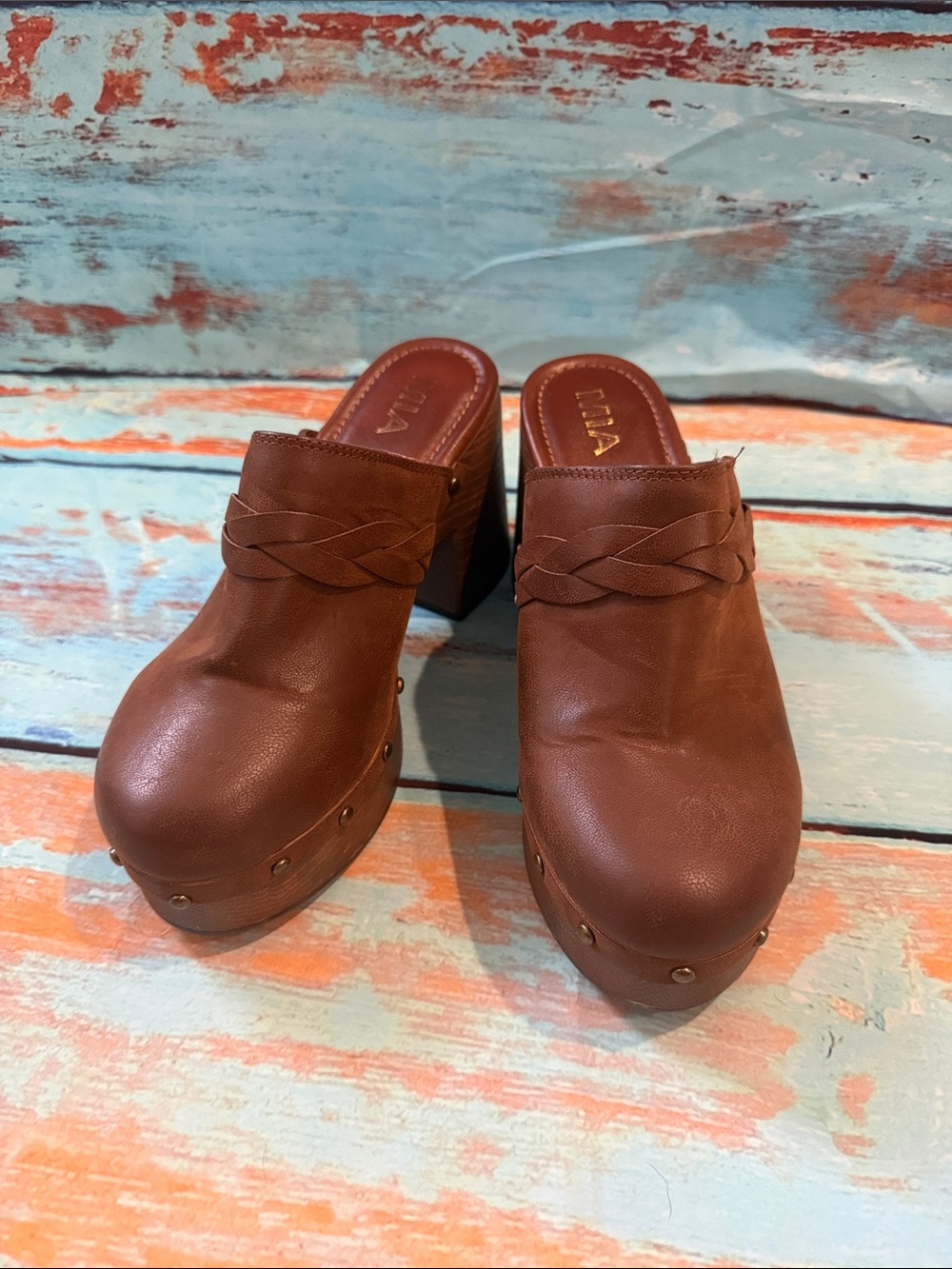 MIA Brown Braided Leather Clog Mules